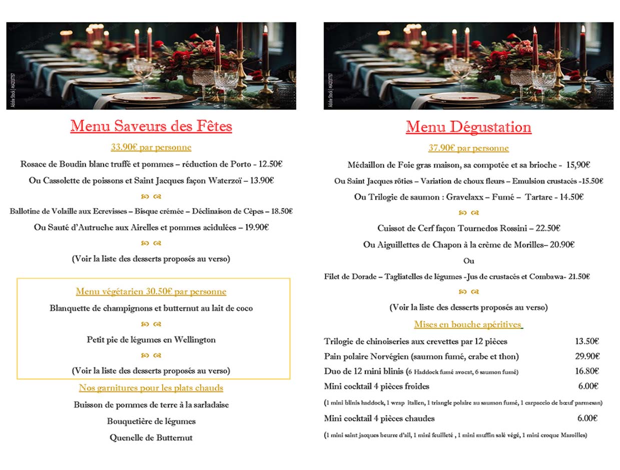 Menu pour les fêtes de fin d'année 2023-2024